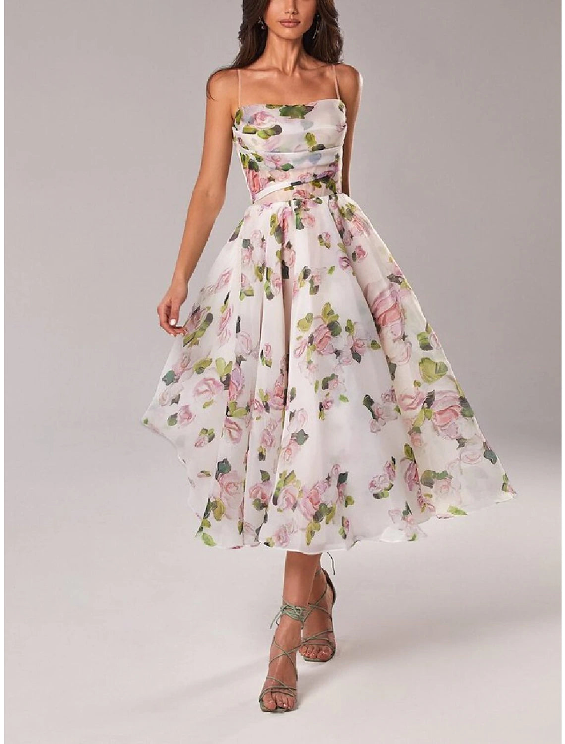 Wholesale A-Line Homecoming Dresses Princess Dress Wedding Guest Holiday Tea Length Sleeveless Spaghetti Strap Organza with Print